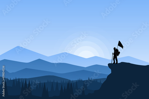 flat landscape mountain climbers who are carrying the flag of a beautiful atmosphere