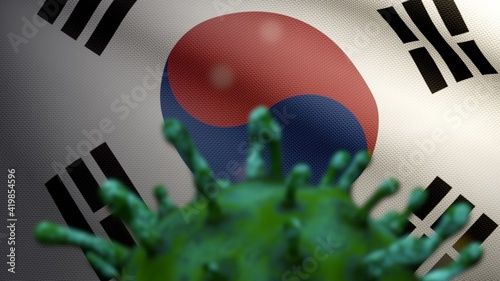 3D illustration Korean flag with Coronavirus outbreak. Covid 19 South Korea