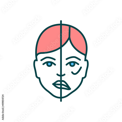 Face paralysis RGB color icon. Brain tumor sign. Muscles moving disability. Heart stroke aftermath. Brain damage and disease. Bell palsy. Uncontrolled face expression. Isolated vector illustration