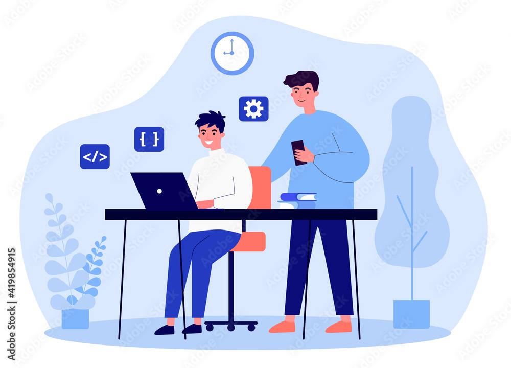 Students working on online project. Young men using laptop and mobile phone. Flat vector illustration. Modern technology, education, startup concept for banner, website design or landing web page