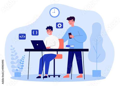 Students working on online project. Young men using laptop and mobile phone. Flat vector illustration. Modern technology, education, startup concept for banner, website design or landing web page