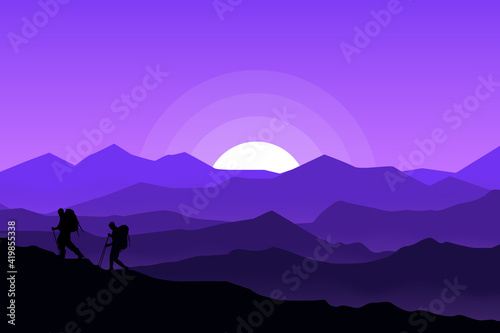 flat landscape beautiful mountain climbers at night