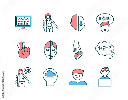 Brain health RGB color icons set. Facial droop. Neurofeedback. Partial paralysis. Alzheimer disease. Trouble speaking. Double vision. Brain aneurysm. Depressed mood. Isolated vector illustrations