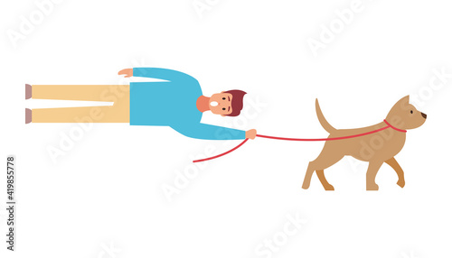 Professional dog walking. A man walks with a pet. Vector illustration isolated on white background