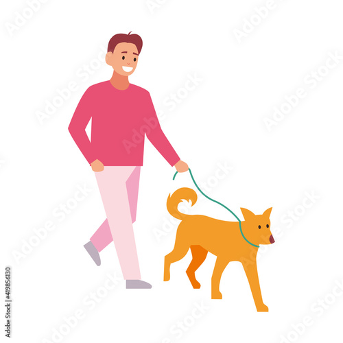 Professional dog walking. A man walks with a pet. Vector illustration isolated on white background