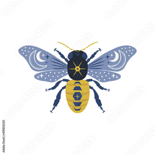 Ornate cosmic bee with celestial ornament vector illustration isolated on white background. Decorative boho magical whimsical honeybee insect design clipart. 