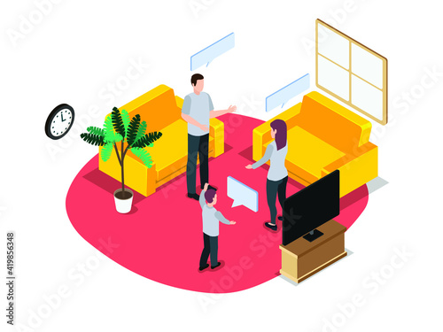 People talking at home 3D isometric vector concept for banner, website, illustration, landing page, flyer, etc