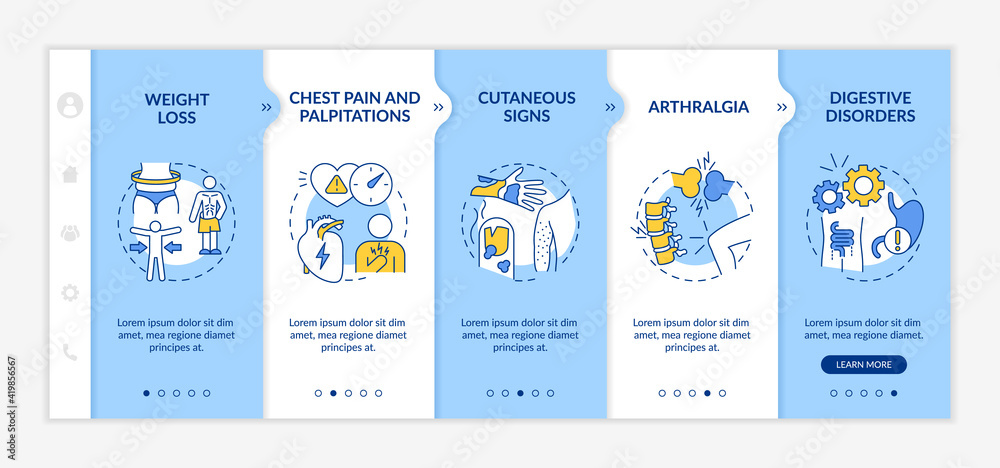 Pain in chest and palpitations onboarding vector template. Digestive disorders. Signs of illness. Responsive mobile website with icons. Webpage walkthrough step screens. RGB color concept