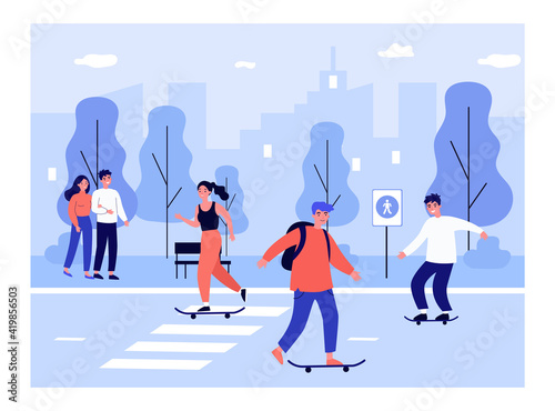 Young people skateboarding in city street, couple walking in park. Flat vector illustration. Urban lifestyle, spending free time concept for banner, website design or landing web page