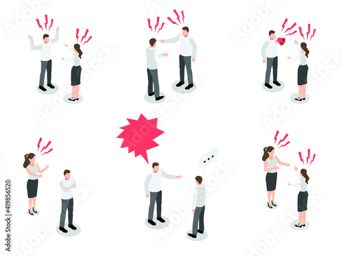 People arguing 3D isometric vector concept for banner, website, illustration, landing page, flyer, etc