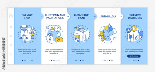 Pain in chest and palpitations onboarding vector template. Digestive disorders. Signs of illness. Responsive mobile website with icons. Webpage walkthrough step screens. RGB color concept