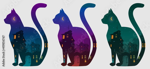 Set of cats with a night city inside. Three color options for your design. Vector illustration, isolated objects 