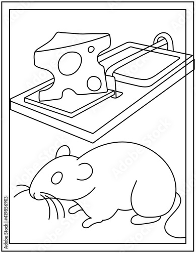 
A rat trap with cheese, coloring page design

