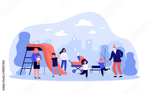 Happy children with moms and grandfather having fun in playground. Kids playing in park. Flat vector illustration. Outdoor activity, entertainment concept for banner, website design, landing web page