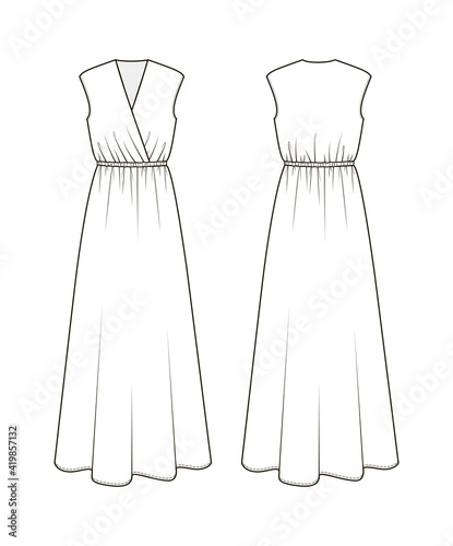 Fashion technical drawing of summer sleeveless dressuth wrap bodice 