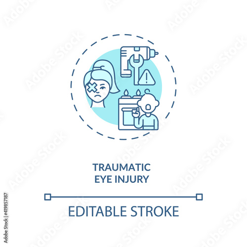 Traumatic eye injury concept icon. Emergency eye exam reasons. Clinic help. Dealing with eyes damaging results idea thin line illustration. Vector isolated outline RGB color drawing. Editable stroke