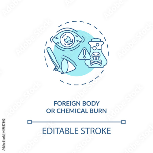 Foreign body or chemical burn concept icon. Emergency eye exam reasons. Superficial damage to eyeball idea thin line illustration. Vector isolated outline RGB color drawing. Editable stroke