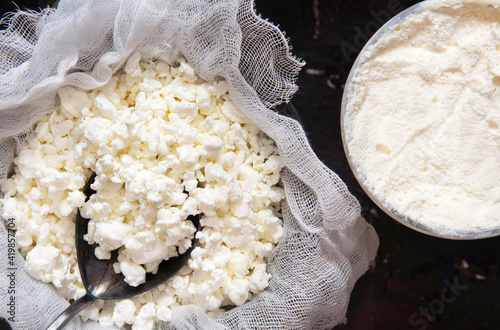 Organic Farming Cottage cheese and Sour cream. Homemade dairy products photo