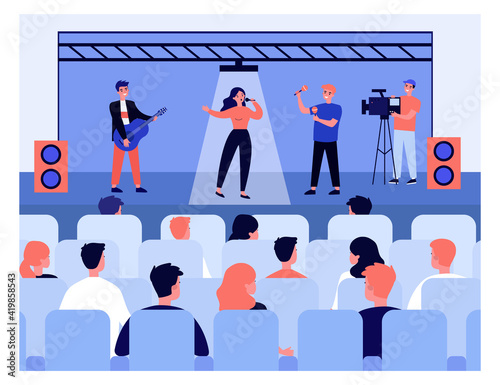 People listening to concert. Pretty woman singing to guitar and maracas accompaniment. Flat vector illustration. Entertainment concept for banner, website design or landing web page