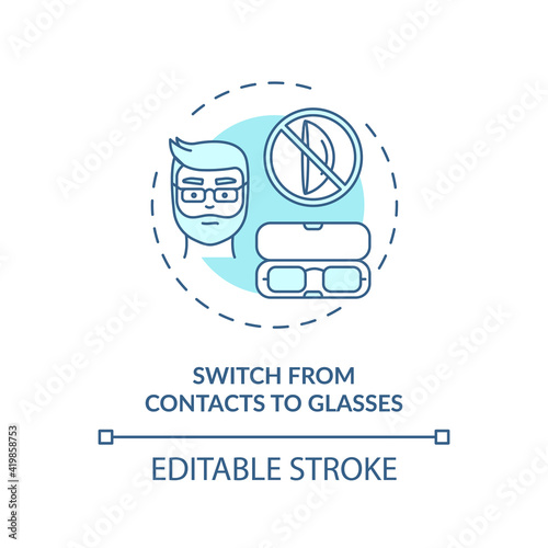 Switch from contacts to glasses concept icon. Digital eyestrain prevention tips. Changing eye care equipment idea thin line illustration. Vector isolated outline RGB color drawing. Editable stroke