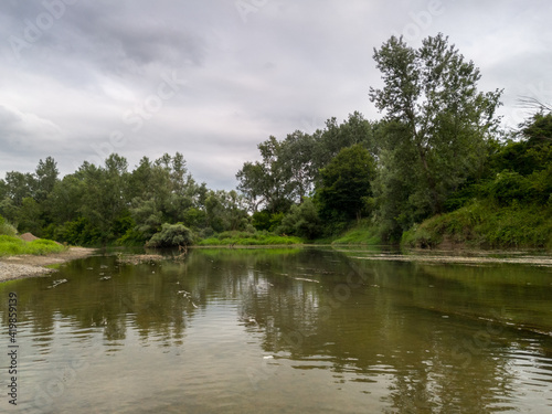 Landscape with Ukrina river and green riparian zone and underwater weed, natural ecosystem during cloudy summer day