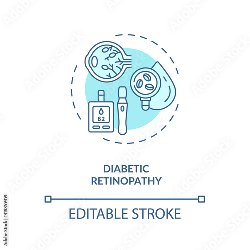 Diabetic retinopathy concept icon. Adults eyes diseases. Damage occurs to eyeball due to diabetes mellitus idea thin line illustration. Vector isolated outline RGB color drawing. Editable stroke