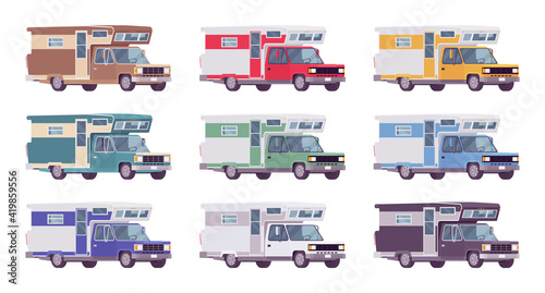 Campervan, motorhome car for camp and tourism. Auto, large motor vehicle with living accommodation, automobile service. Vector flat style cartoon illustration isolated on white background
