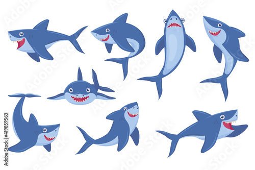 Cute smiling shark flat pictures collection. Cartoon comic predator fish in different poses isolated on white background vector illustrations. Underwater wildlife and ocean animals concept