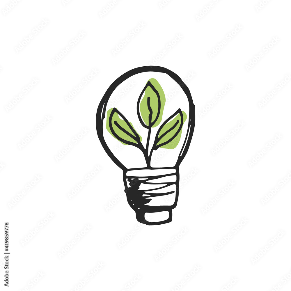Vector hand drawn ecology light bulb with plant icon Vector hand drawn ecology light bulb with plant icon