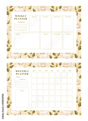Set of weekly planner, monthly planner, school scheduler templates with hand drawn cake, floral, and strawberry elements