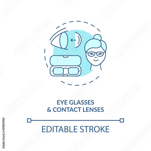 Eye glasses and contact lenses concept icon. Eye diseases treatment methods. Vision diseases treatment equipment idea thin line illustration. Vector isolated outline RGB color drawing. Editable stroke