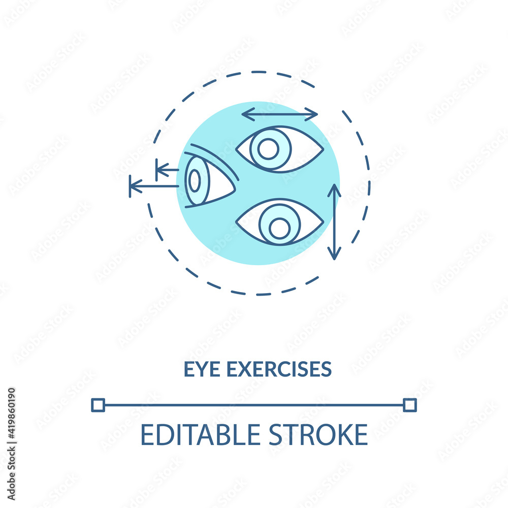 Obraz premium Eye exercises concept icon. Eye diseases treatment methods. Treating defects in eye movements and functionality idea thin line illustration. Vector isolated outline RGB color drawing. Editable stroke