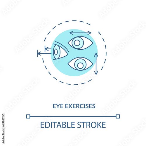 Eye exercises concept icon. Eye diseases treatment methods. Treating defects in eye movements and functionality idea thin line illustration. Vector isolated outline RGB color drawing. Editable stroke