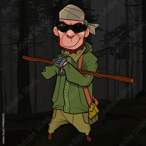 cartoon cool man scout with a stick stands at night in the forest