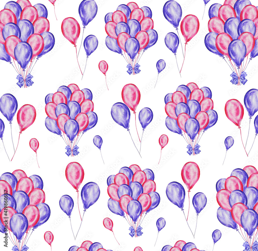  Balloon pattern. Watercolor. Idea for baby textiles, paper, covers, apparel prints and more. Hand drawn.