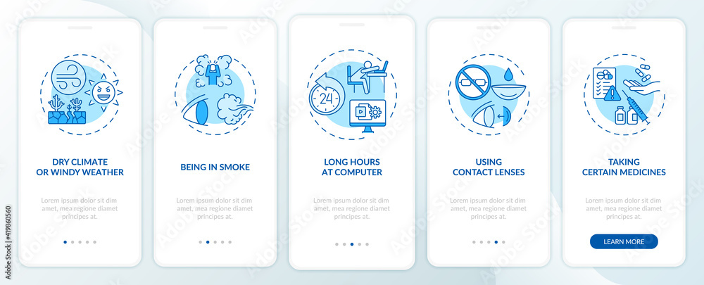 Dry eye causes onboarding mobile app page screen with concepts. Eyes being in smoke from fire walkthrough 5 steps graphic instructions. UI vector template with RGB color illustrations Dry eye causes onboarding mobile app page screen with concepts. Eyes being in smoke from fire walkthrough 5 steps graphic instructions. UI vector template with RGB color illustrations