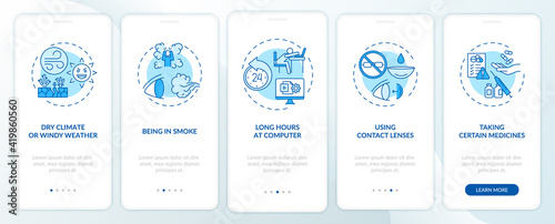Dry eye causes onboarding mobile app page screen with concepts. Eyes being in smoke from fire walkthrough 5 steps graphic instructions. UI vector template with RGB color illustrations