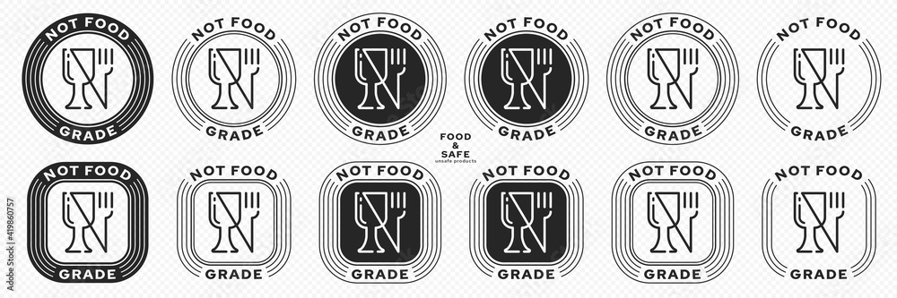 Set of stamps. Labeling - not food grade or non food grade materials. Glass and fork flat icon stamp set. Vector grouped elements. Set of stamps. Labeling - not food grade or non food grade materials. Glass and fork flat icon stamp set. Vector grouped elements.