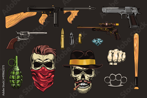 Black mafia and gangsters flat illustration set. Colored retro bandit skull, pistol, gun, revolver isolated vector illustration collection. Military and weapon concept