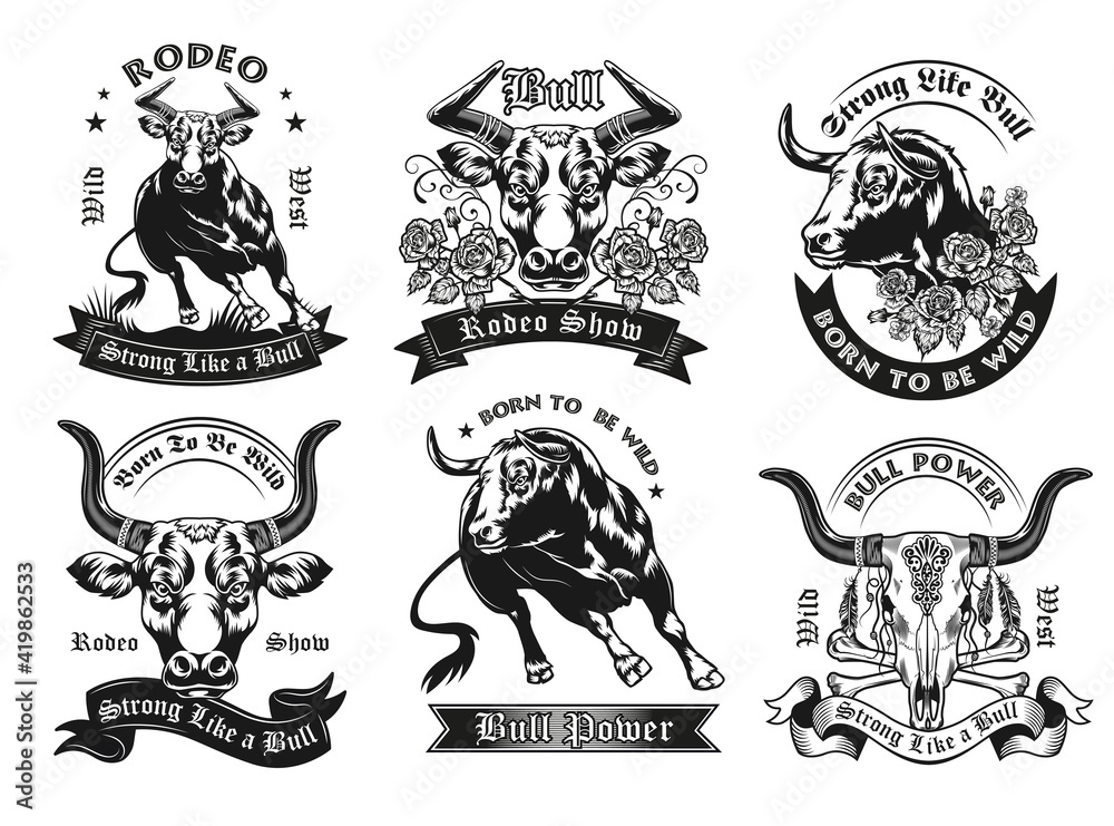 Black label designs with bull vector illustration set. Vintage badges with running ox, bull head and skull. Rodeo show and farm animals concept can be used for retro template, banner or poster