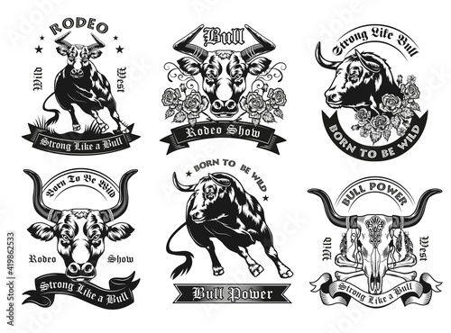 Black label designs with bull vector illustration set. Vintage badges with running ox, bull head and skull. Rodeo show and farm animals concept can be used for retro template, banner or poster