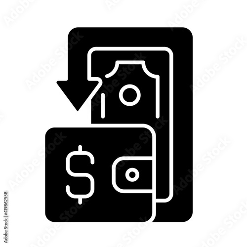 Cashback black glyph icon. Cashback reward program. Financial transactions. Benefits and refunds. Price and savings. Purchase and money. Silhouette symbol on white space. Vector isolated illustration