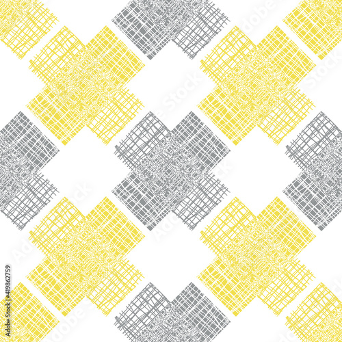 Irregular vector gauze weave effect cross seamless pattern background. Backdrop of yellow grey coarsely woven band aid shapes with spliced edges. Abstract Hessian fibre texture repeat for wellbeing