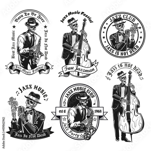 Vintage badges with jazzman skeleton vector illustration set. Monochrome labels with dead musician singing and playing sax or cello. Jazz music and entertainment concept can be used for retro template