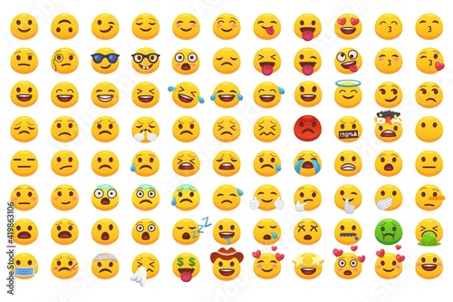 Various emoji faces flat icons big set for web design. Cartoon yellow emotion circles icons smiling, laughing and crying isolated vector illustrations. Feeling expression and communication concept