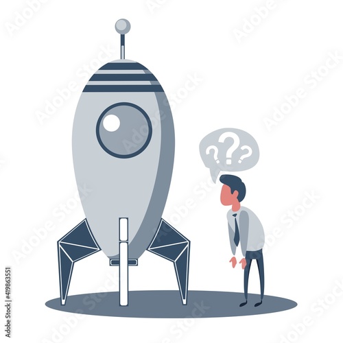 Businessman looking rocket launching. Business success and Vision concept. Vector illustration