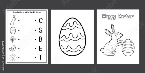Easter Worksheets set with cute bunny. Black and white spring activity pages collection for kids. Coloring page with rabbit and eggs. Easter matching game. Vector illustration