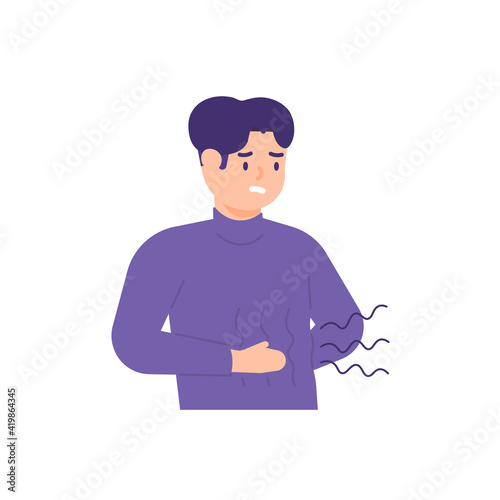 illustration of a man whose stomach rumbles or sounds because he is hungry. holding his stomach. experiencing stomach or ulcer pain. flat style. vector design