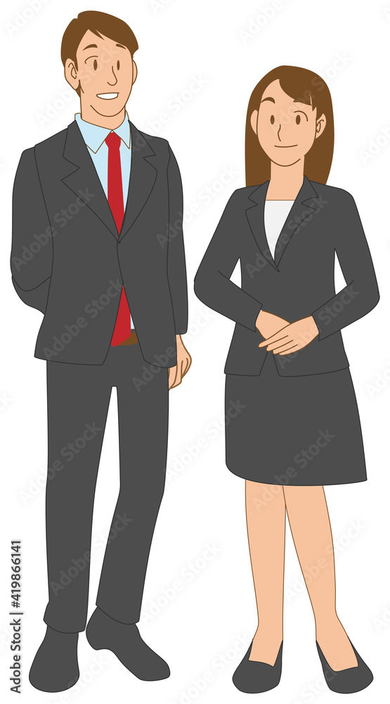 スーツを着て並ぶ男女のビジネスマンの全身