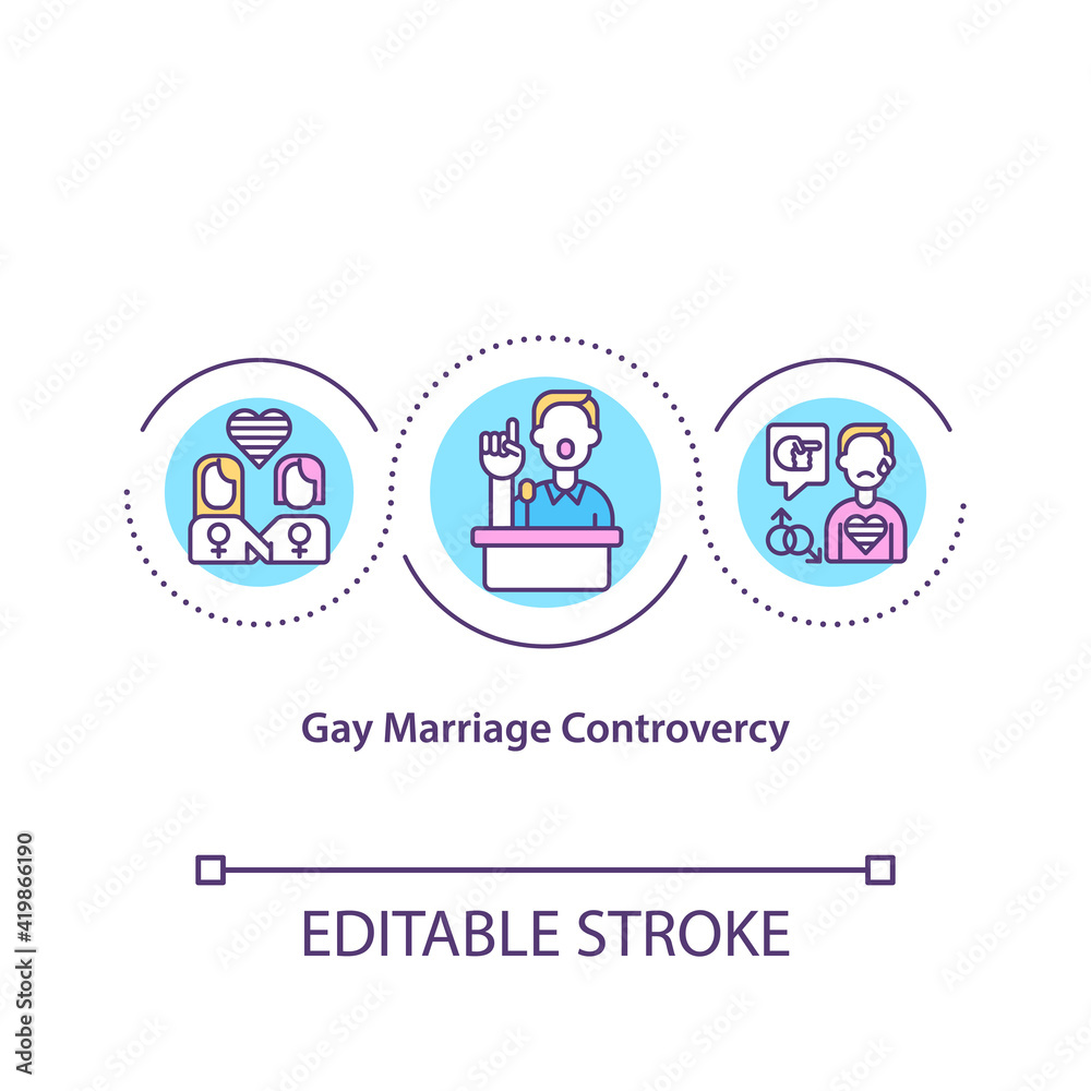 Gay marriage controversy concept icon. Civil rights for LGBT people. Social equality. Religious issues idea thin line illustration. Vector isolated outline RGB color drawing. Editable stroke